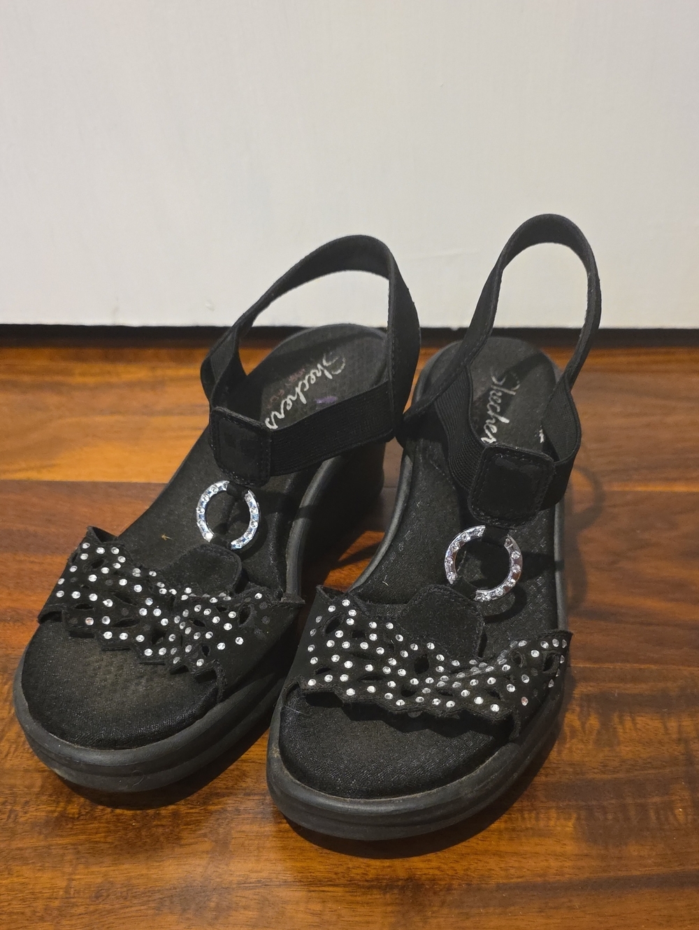 Skechers Black Wedge Sandals with Rhinestone Accents